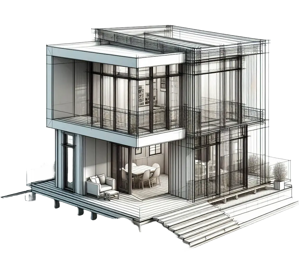 Lineart domu - połowa wyrenderowana przez architekta, połowa zbudowana.